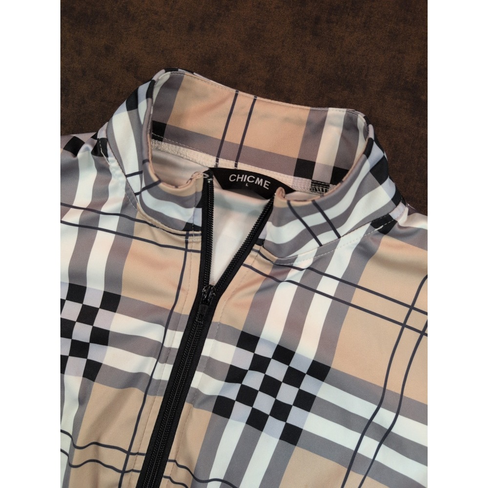 ChicMe Womens Plaid Cropped Windbreaker Jacket Tan Black White Zip Up Size L